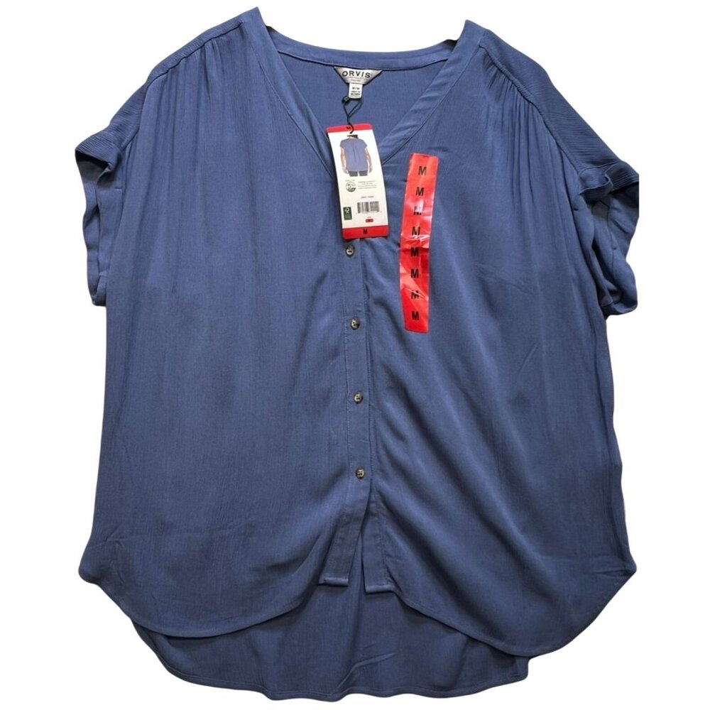 Orvis Women's Rayon Button Up Tunic Top Short Sleeve Lightweight Size M Blue